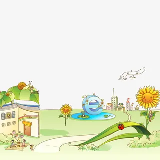 花朵草地建筑儿童画素材免抠