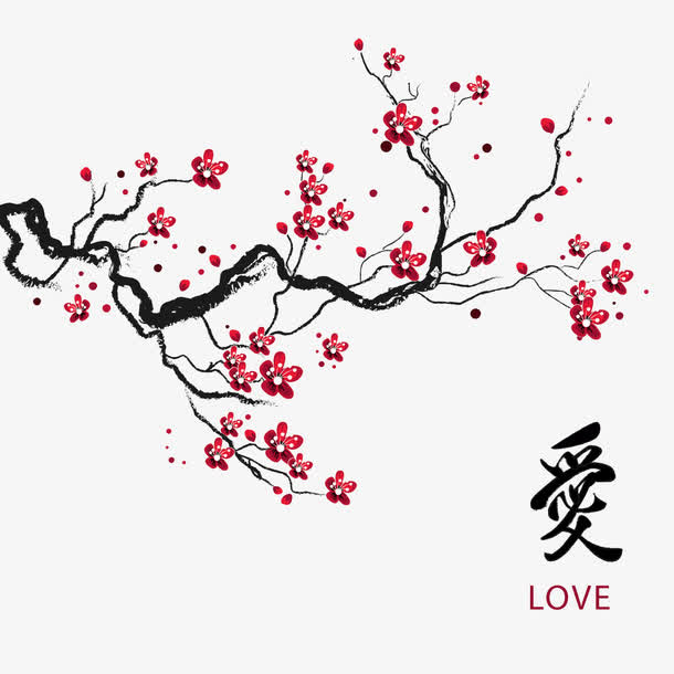 手绘树枝上的梅花免抠