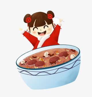 红色喜庆女娃喝腊八粥免抠