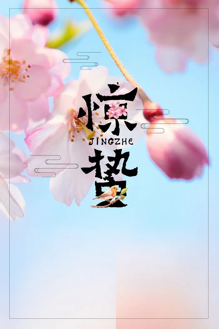 二十四节气惊蛰蓝色唯美花卉春天背景高清