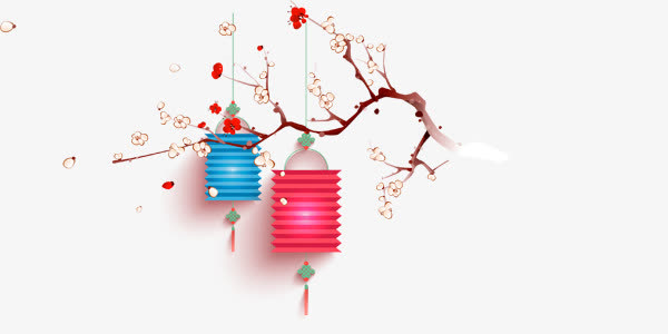 春节素材梅花上挂着的灯笼免抠