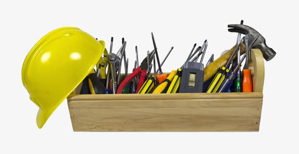 黄色帽子和木质工具箱免抠