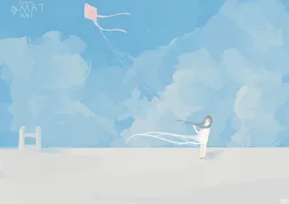 手绘蓝天卡通儿童放风筝背景高清
