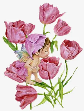 手绘玫瑰花小孩子闻花香免抠
