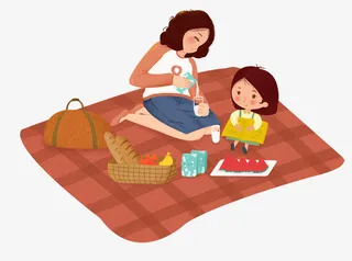 卡通手绘春天户外亲子游免抠