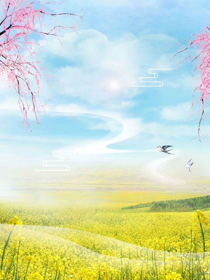 小清新春天你好油菜花风景插画高清卡通手绘背景