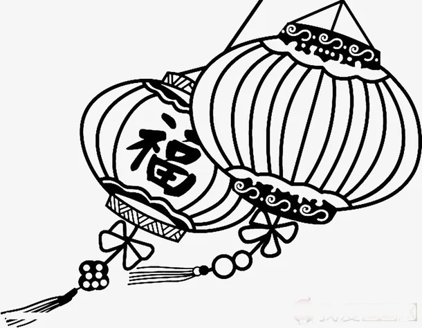手绘黑色线条灯笼免抠