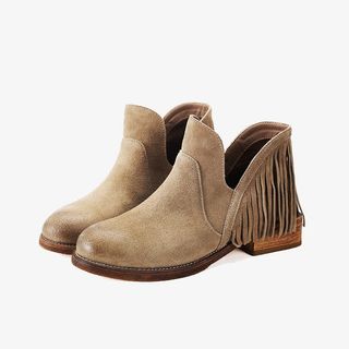 真皮流苏磨砂皮平底粗跟免抠