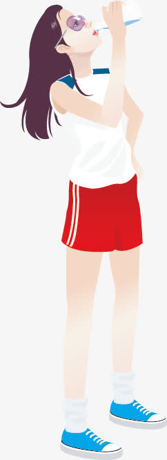 喝水女孩的侧面插图免抠