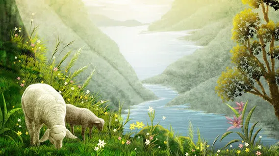 山川河流与动物油画免抠