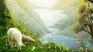 山川河流与动物油画免抠