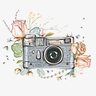 手绘相机鲜花图案免抠