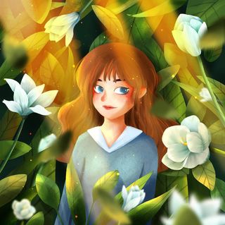 夏天花丛女孩人物插画免抠