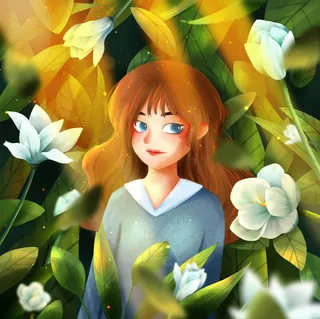 夏天花丛女孩人物插画免抠