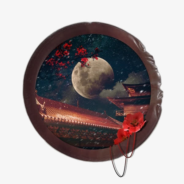 圆形窗外月亮景色免抠