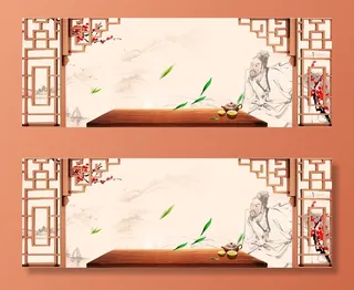 中国风茶文化建筑古风古人实木背景高清