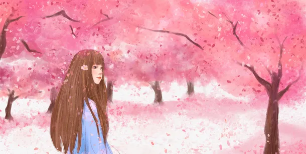 春天手绘人物樱花樱花树免抠