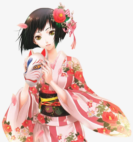 卡通立绘戴面具和服女孩免抠