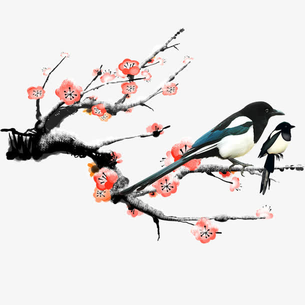 梅花和喜鹊的手绘矢量图免抠
