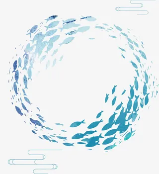 水彩蓝色鱼群剪影背景