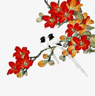 手绘红色花朵喜鹊免抠