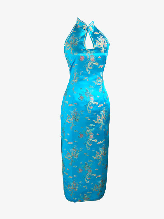 蓝色丝绸无袖旗袍免抠