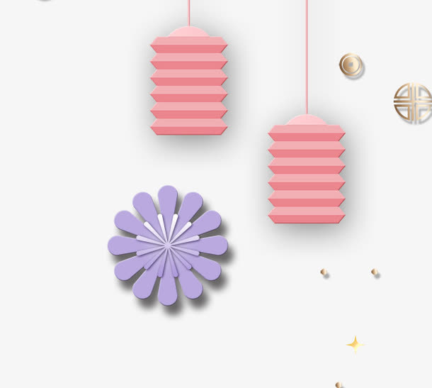 3D微立体灯笼与花朵设计免抠