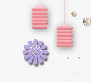 3D微立体灯笼与花朵设计免抠