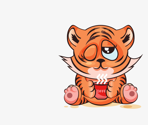 喝咖啡的卡通小老虎免抠