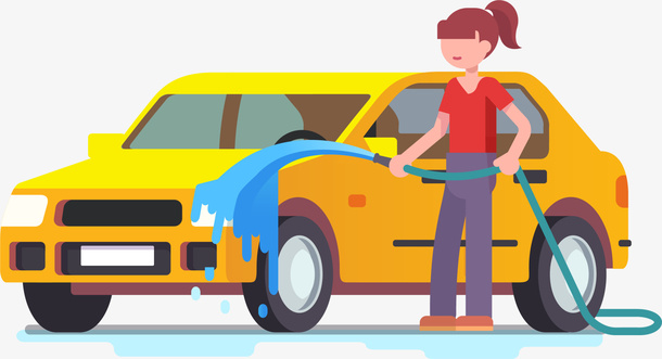 黄色立体洗车女孩免抠