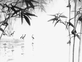 水边小鸟竹子水墨画免抠