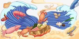 手绘海鲜火锅汤免抠