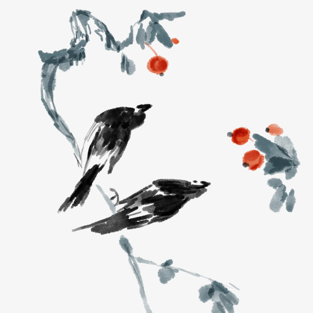 水墨中国风鸟站在树上元素免抠