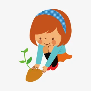 卡通女孩种树装饰图案免抠