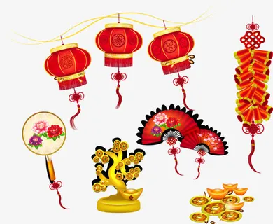 灯笼鞭炮金元宝铜钱等设计矢量素免抠