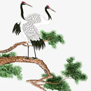 水墨画丹顶鹤松针松树免抠