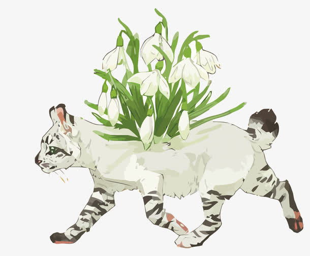 矢量水仙花和猫咪免抠