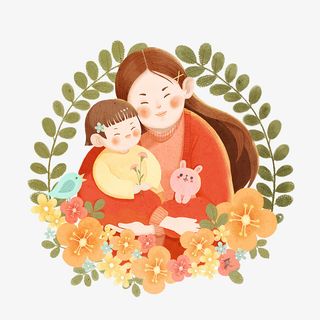 母亲节手绘卡通母女免抠
