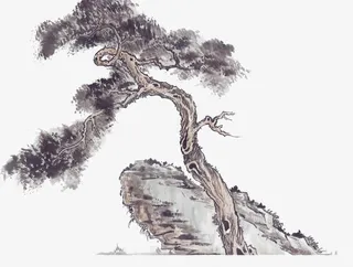 石头旁边的古树国画素材免抠