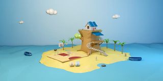 卡通海上岛屿小屋海报背景免抠