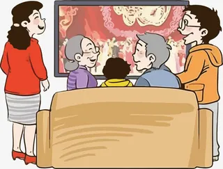 卡通一家人看春晚矢量免抠