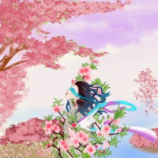 手绘桃花源图免抠