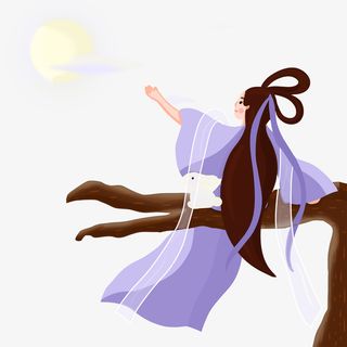 手绘中秋节嫦娥和玉兔坐在树枝上免抠
