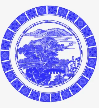 圆形青花山水画免抠