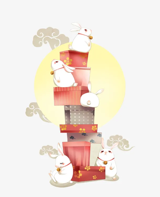 卡通手绘月兔礼盒插画免抠