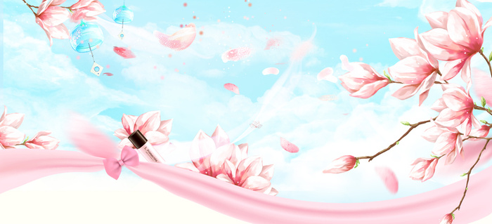 桃花节梦幻丝带花瓣蓝banner高清