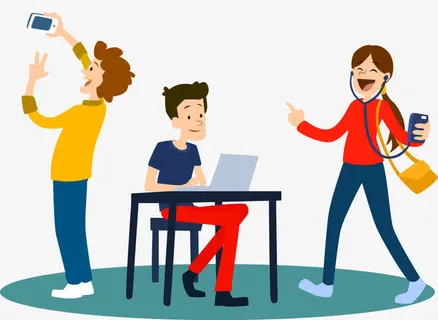 卡通人物玩手机电脑听音乐免抠