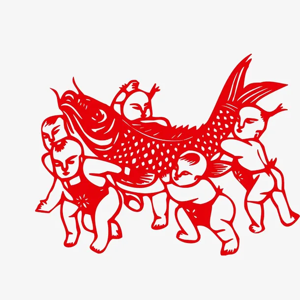 小孩和大鲤鱼剪纸免抠