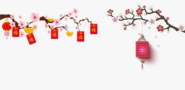 卡通树枝上的红包灯笼新年装饰免抠