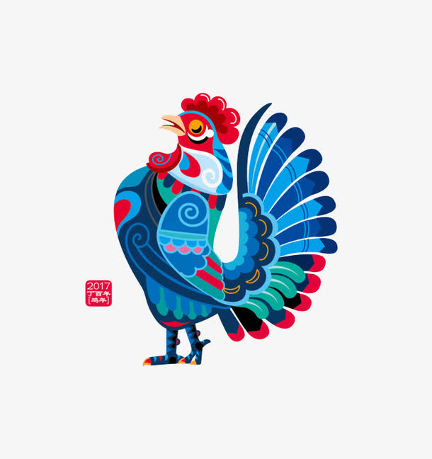手绘蓝色公鸡免抠